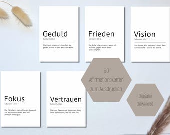 May include: A collection of white cards with black text, featuring words like "Geduld" and "Frieden." The cards are arranged with a neutral background, and the text "50 Affirmationskarten zum Ausdrucken" is also visible.