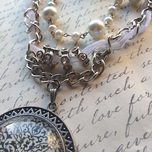 Medallion Ribbon Necklace: White Pearls, Swarovski Crystals, Steampunk Jewelry