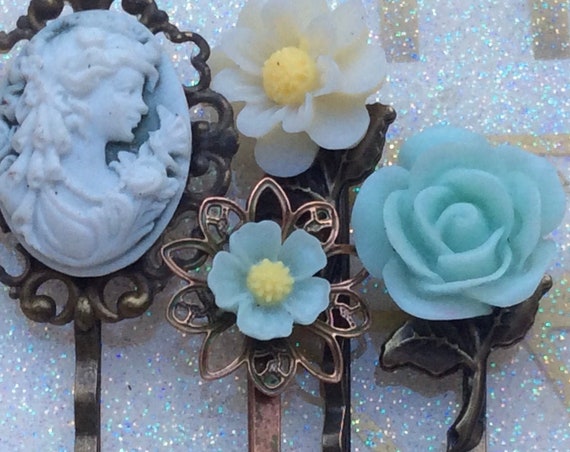 Handmade Cameo and Flower Bobby Pins