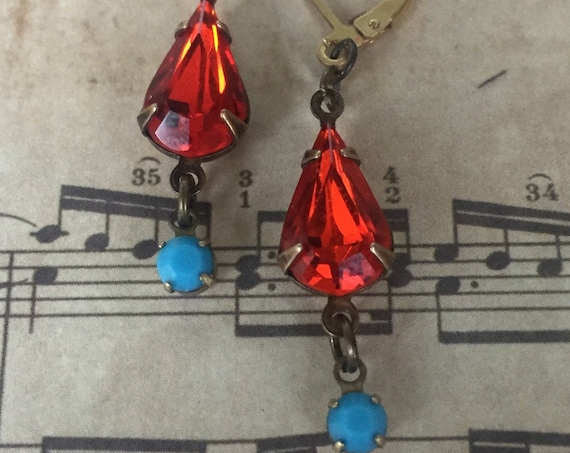 Orange & Blue Crystal Earrings for Women, Dangle and Drop Earrings, Swarovski Crystal Earrings, Vintage Earrings, Antique Earring, Art Deco