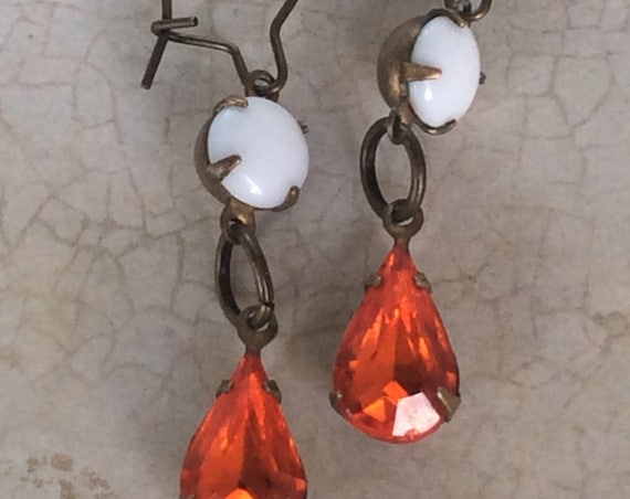 Vintage Earrings for Women, Dangle and Drop, Art Deco Earrings, Crystal Earrings, Orange and White Earring, Vintage Jewelry, Vintage Earring