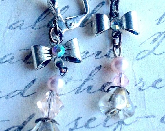 Pink and Silver Pearl Earrings for Women, Pink Earrings, Dangle & Drop Earrings, Swarovski Earrings, Crystal Earrings, Vintage Jewelry