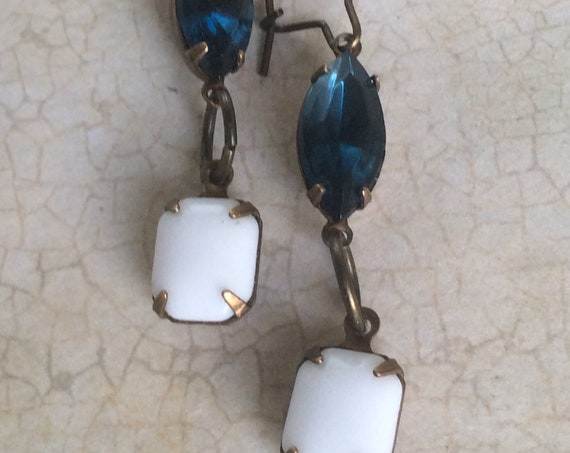 Vintage Earrings for Women, Dangle and Drop, Art Deco Earrings, Crystal Earrings, Blue and White Earrings, Vintage Jewelry, Vintage Earring
