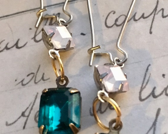 Green Crystal Earrings for Women, Dangle and Drop Earrings, Swarovski Earrings, Blue and White Earrings, Vintage Jewelry, Vintage Earrings
