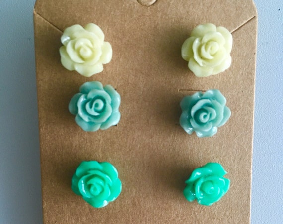 Rose Earrings, Flower Earrings, Earrings for Women, Cabochon Earrings, Post Earrings, Green Rose Earrings, Yellow Rose Earrings, Mint Rose