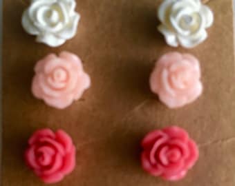 Handmade Set of 3 Pink Rose Post Earrings for Women and Girls