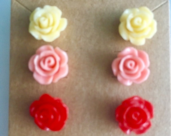 3 Piece Set of Rose Earrings for Women, Flower Earrings, Cabochon Earrings, Post Earrings, Pink Rose, Yellow Rose Earrings, Red Rose