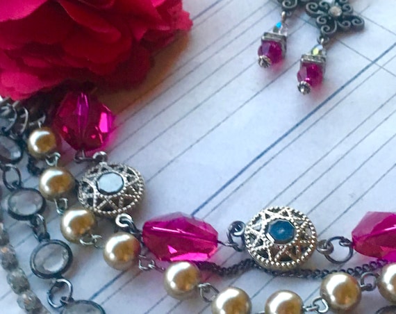 Handmade, Pink Fabric Flower, Multi-stranded, Swarovski Crystal Necklace