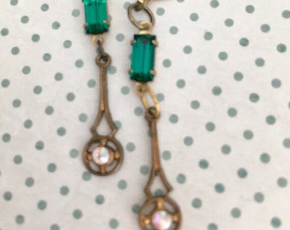 Jewelry, Earrings for Women, Dangle and Drop Earrings, Art Deco Earrings, Swarovski Earrings, Green and White Earrings, Vintage Earrings