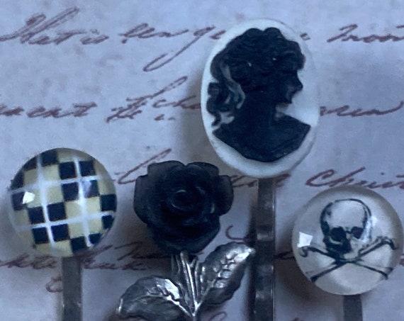 Handmade Black and White Cameo Bobby Pin Set for Women
