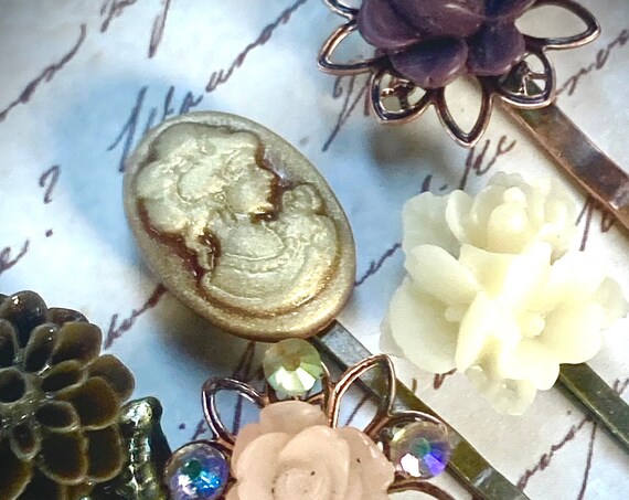 Handmade Cameo and Flower Bobby Pin Set for Women
