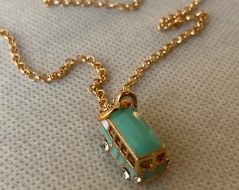 Handmade Bus Pendant Necklace, 60’s Necklace, Pendant Necklace, Retro Jewelry, Jewelry, Blue Charm Necklace