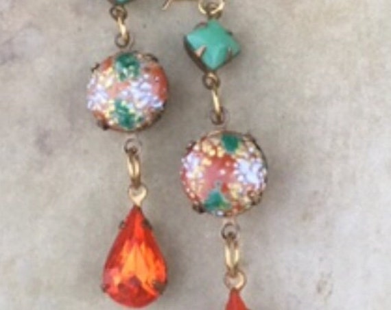 Handmade Swarovski Crystal Orange and Green Art Deco Earrings for Her