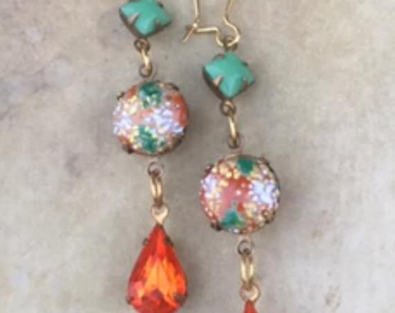Handmade Swarovski Crystal Orange and Green Earrings