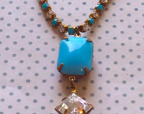 Vintage Blue Rectangle Authentic Swarovski Rhinestone Chain Necklace, Vintage Necklace, Glass Necklace, Vintage Swarovski Rhinestone Chain