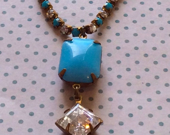 Art Deco Blue Rectangle Opague Authentic Swarovski Crystal Necklace Vintage Necklace, Glass Necklace, Vintage Swarovski Rhinestone Chain