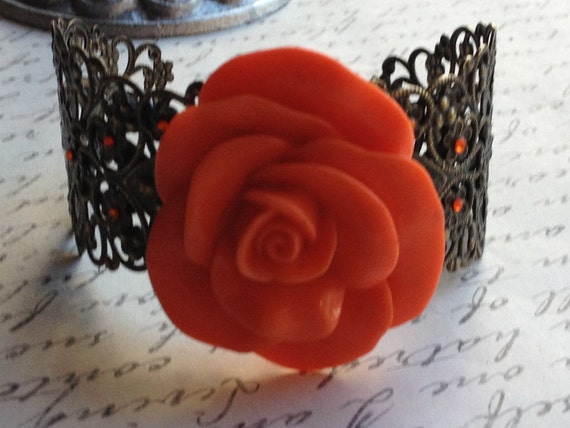 Orange Rose Bracelet Adjustable Resin Cabochon Oversized Rose with Bronze Filigree