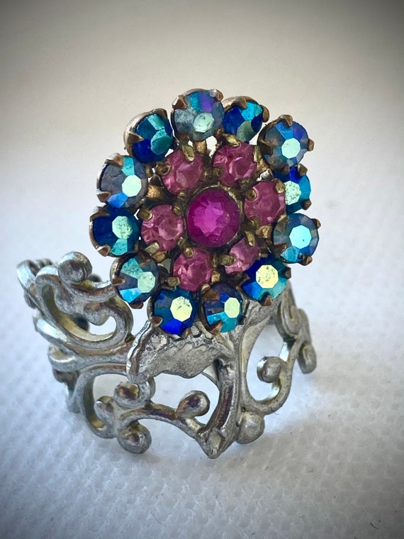Handmade Vintage Swarovski Adjustable Flower Ring for Women