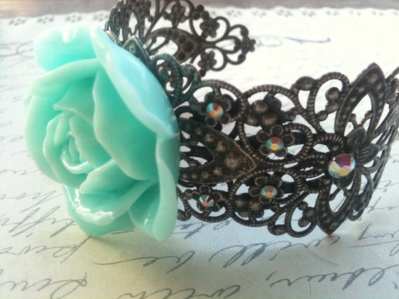 Handmade Rose Cabochon Cuff Bracelet With Swarovski Crystals on Silver Filigree Cuff