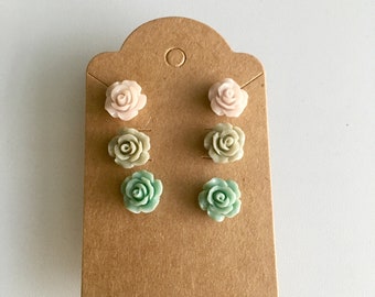 Rose Stud Earrings Set: Hypoallergenic Stainless Steel Posts