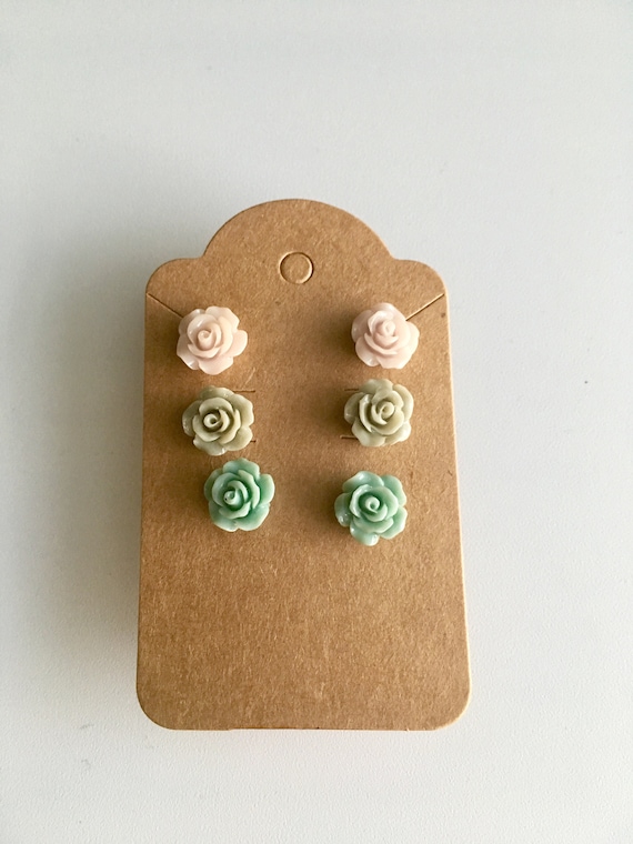 3 Piece Set of Rose Earrings for Women, Flower Earrings, Cabochon Earrings, Post Earrings, Pink Rose, Yellow Rose Earrings, Red Rose