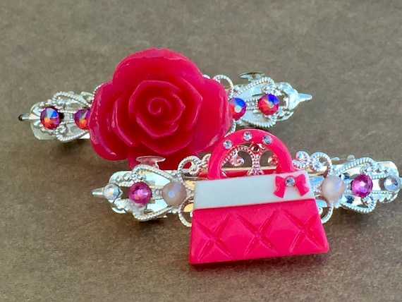 Accessories, Hair Accessories, Bath and Beauty, Hair Barrettes, Hair Clips, Hair Barrettes, Pink Rose Barrette, Flower Hair Barrette, FOB