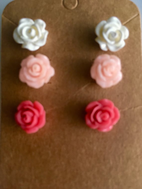 Handmade Set of 3 Pink Rose Post Earrings for Women and Girls