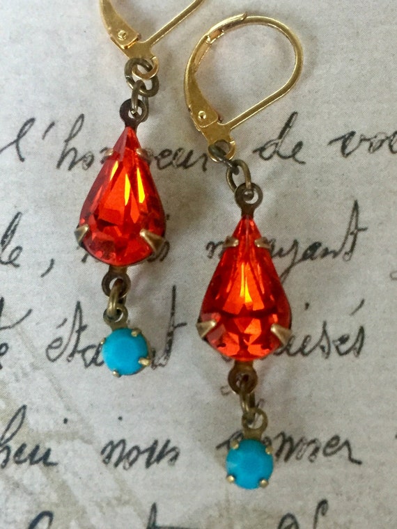 Handmade Orange Swarovski Crystal Earrings for Women