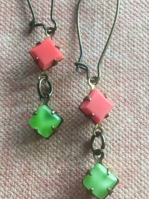 Art Deco Earrings, Green & Orange Earrings, Dangle and Drop Earrings, Earrings for Women