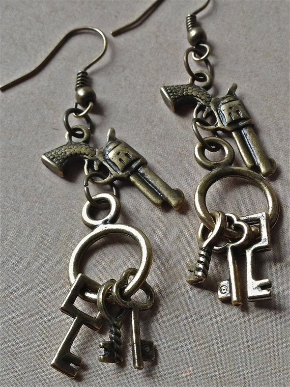 Silver Metal Jail Key Earrings, Chain Earrings, Earrings for Women, Gun Earrings