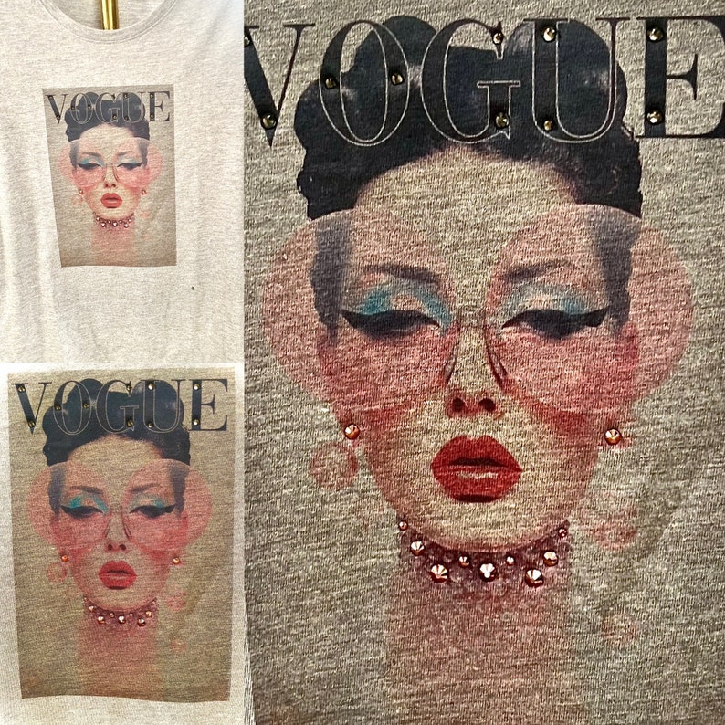 Handgemaakt Retro Lady Vogue T-shirt voor dames met authentieke Swarovski-kristallen afbeelding 4