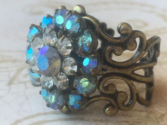 Handmade Vintage Swarovski Adjustable Flower Ring for Women