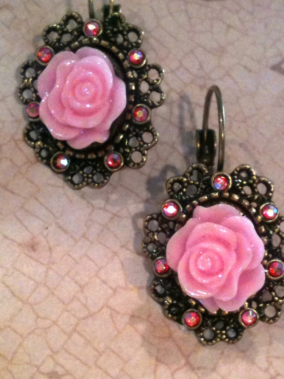 Pink Rose Earrings for Women, Rhinestone Earrings, Flower Earrings, Cabochon Earrings