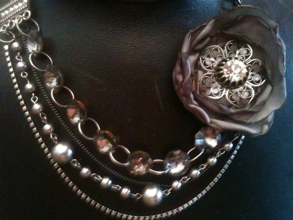 Handmade Fabric Flower Steampunk Wedding Necklace