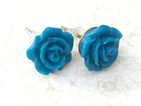 Handmade Blue Rose Post Earrings for Women