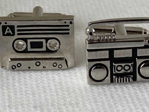 Handmade Silver Cuff Links, Gifts for Men, Boombox Cufflinks, Tape Cufflinks