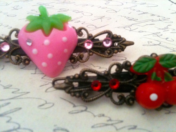 Handmade Strawberry & Cherry Hair Barrettes for Girls