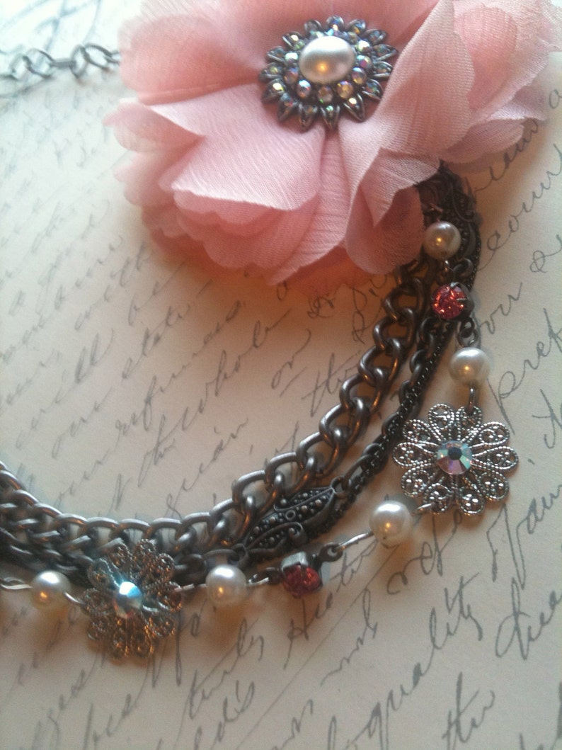 Handmade Pink Flower Wedding Necklace for Women, Vintage Victorian Steampunk Romantic Inspired image 2