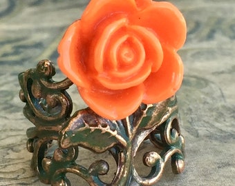 Orange Rose Ring for Women, Adjustable Ring, Flower Ring, Steampunk Ring, Victorian Ring, Romantic Ring, Cabochon Ring