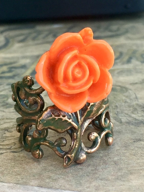 Orange Rose Ring for Women, Adjustable Ring, Flower Ring, Steampunk Ring, Victorian Ring, Romantic Ring, Cabochon Ring