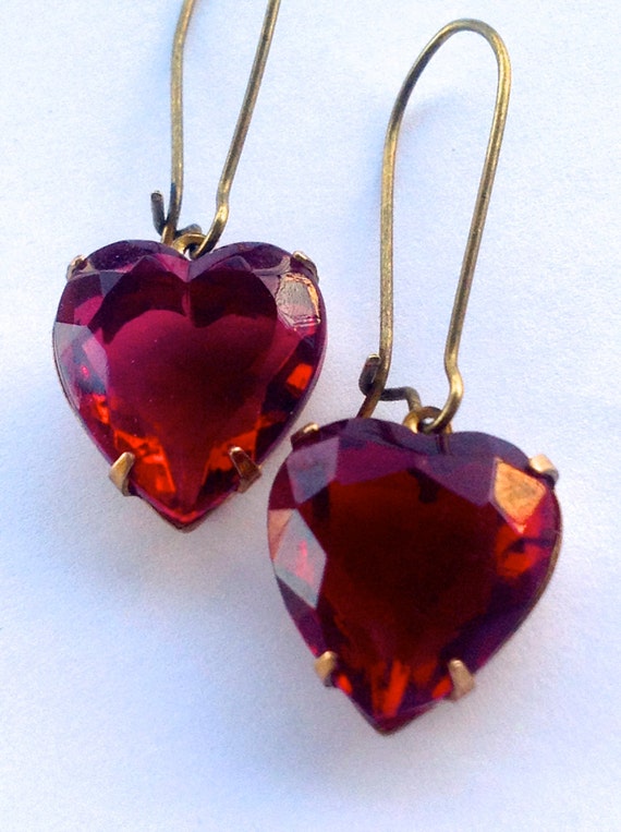 Jewelry, Earrings, Earrings for Women, Red Heart Earrings, Glass Earrings, Vintage Earrings, Swarovski Earrings, Estate Style Old Hollywood