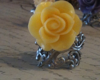 Handmade, Adjustable, Yellow Rose Ring for Women, Steampunk Ring, Victorian Ring, Romantic Ring, Pink Rose Ring, Rose Ring, Cabochon Ring