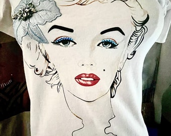 Handmade Marilyn Monroe T-Shirt for Women One of a Kind Limited Edition Artwork by Alexander Franco and Embellishments by HAS Jewels