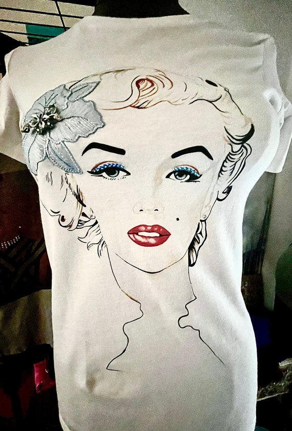 Handmade Marilyn Monroe T-Shirt for Women One of a Kind Limited Edition Artwork by Alexander Franco and Embellishments by HAS Jewels