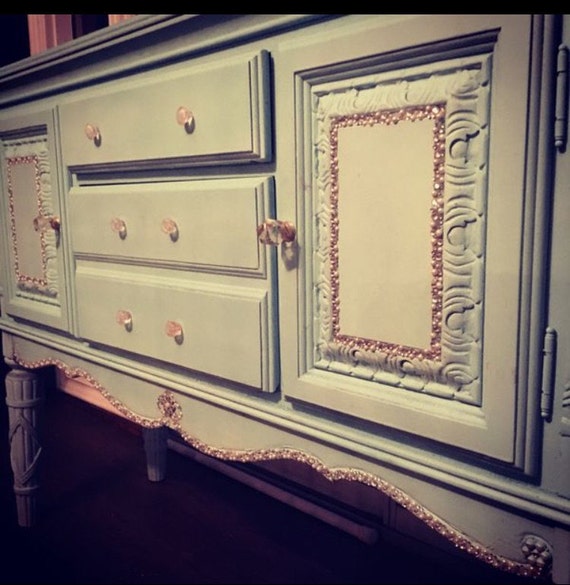 Home and Living, Buffet Table, Dining Room Furniture, Distressed Furniture, Light Blue Buffet Table with Rhinestones and Pearls