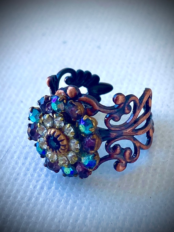 Handmade Vintage Swarovski Adjustable Flower Ring for Women