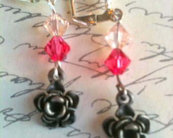 Handmade Pink Beaded Swarovski Crystal Flower Earrings