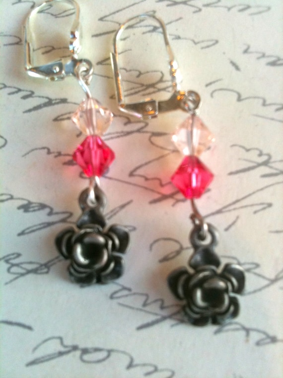 Handmade Pink Beaded Swarovski Crystal Flower Earrings