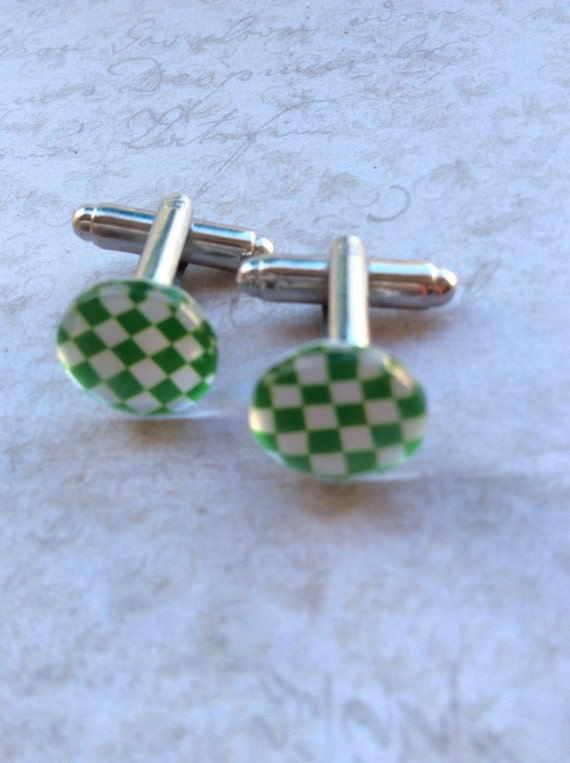 Handmade Recycled Green Checkerboard Cufflinks for Him