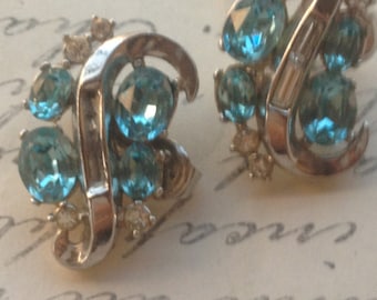 Vintage 1950s Blau und Kristall Strass Ohrclips